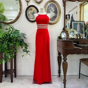 B Darlin Red Prom Gown with Silver Band Detail